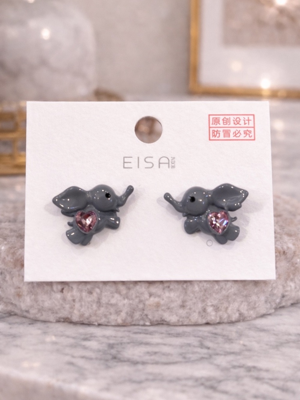 Gray Elephant Heart Stud Earrings - Pink Gem